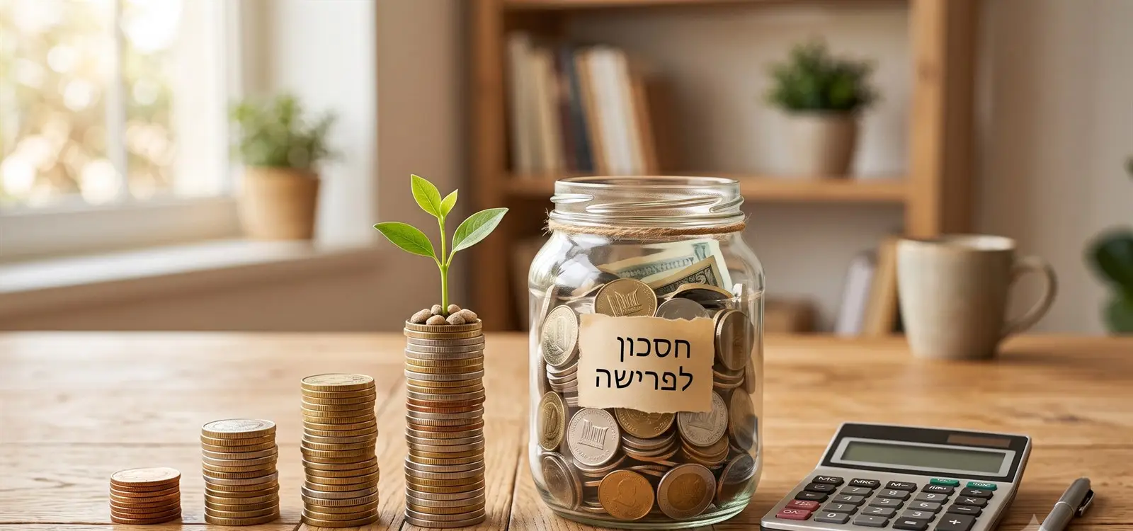 מושג חיסכון לפרישה - כד מטבעות עם צמח צומח ומחשבון